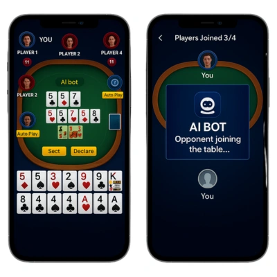Two smartphone screens showing a poker game interface, one with active players and cards, and the other with an AI bot joining notification.