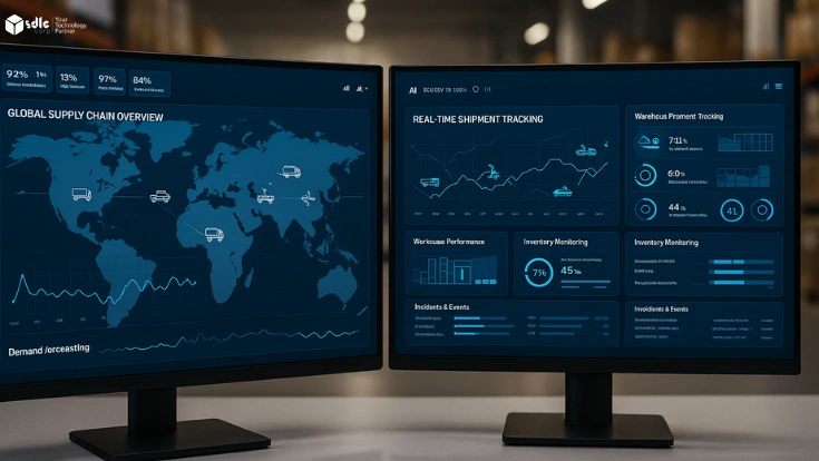 AI supply chain dashboard on monitor showing global logistics map, demand forecasting, and shipment tracking.