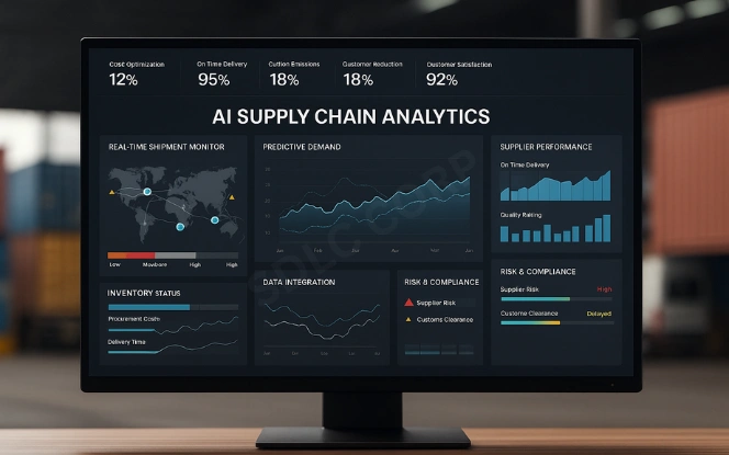 AI dashboard showing supplier data integration, real-time monitoring, and predictive demand