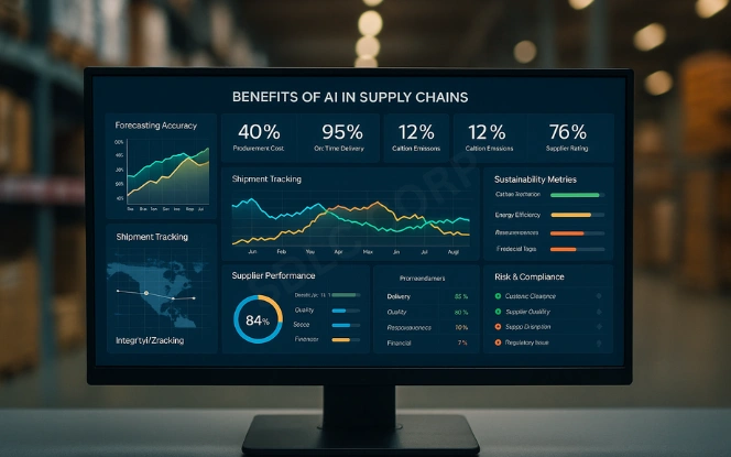AI supply chain dashboard showing forecasting, cost reduction, and sustainability KPIs