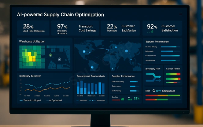 AI dashboard with warehouse heatmaps, transport optimization, and supplier analytics