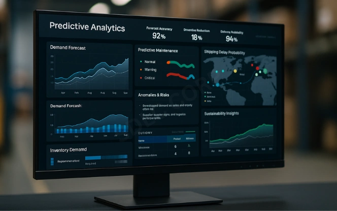 Predictive analytics dashboard with forecasting charts, maintenance alerts, and delay risks