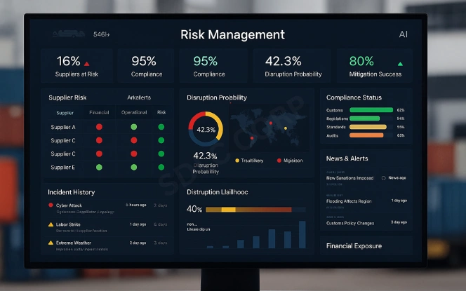 AI risk management dashboard with supplier alerts, compliance checks, and risk meters