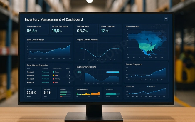 Inventory management AI dashboard with stock predictions and replenishment alerts