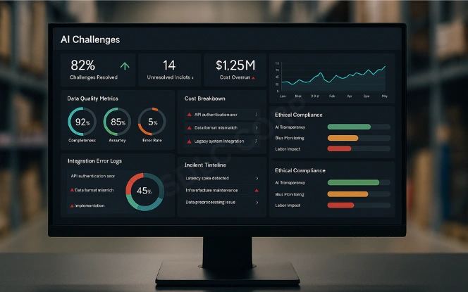 AI challenges dashboard with data quality metrics, cost breakdown, and compliance status