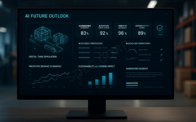 Futuristic AI dashboard with digital twins, blockchain verification, and robotics analytics