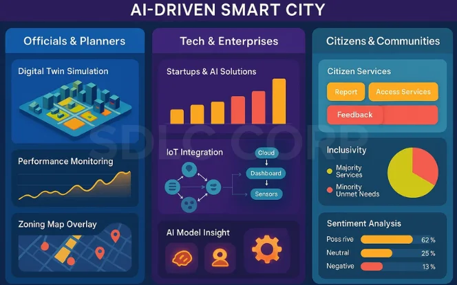 llustration of officials, tech enterprises, and citizens as stakeholders in AI-driven cities.