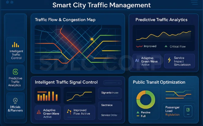Visualization of congestion maps, predictive traffic analytics, and intelligent signal control for urban mobility