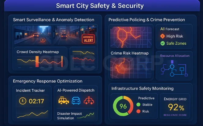 AI-powered safety features including surveillance, predictive policing, emergency response, and infrastructure monitoring