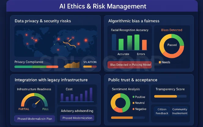 Smart city dashboard infographic showing live traffic insights, energy usage, healthcare analytics, air quality monitoring, smart buildings, cloud, edge computing, and communication networks.