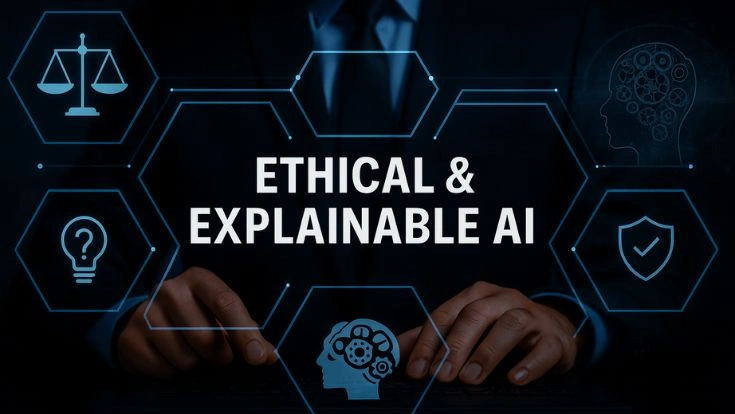 "Business professional interacting with a digital interface displaying 'Ethical & Explainable AI' and related icons."