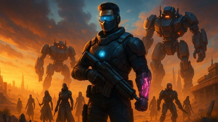 Futuristic AI-powered hero with glowing circuits leads soldiers against giant mechs in a sci-fi city, with holographic AI HUD overlays.