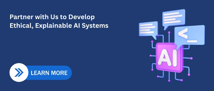 Illustration showing AI symbol with chat bubbles and coding icons promoting ethical, explainable AI systems collaboration.