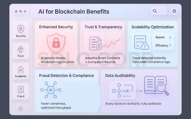 AI for Blockchain benefits including security, trust, scalability, fraud detection, and data auditability. .