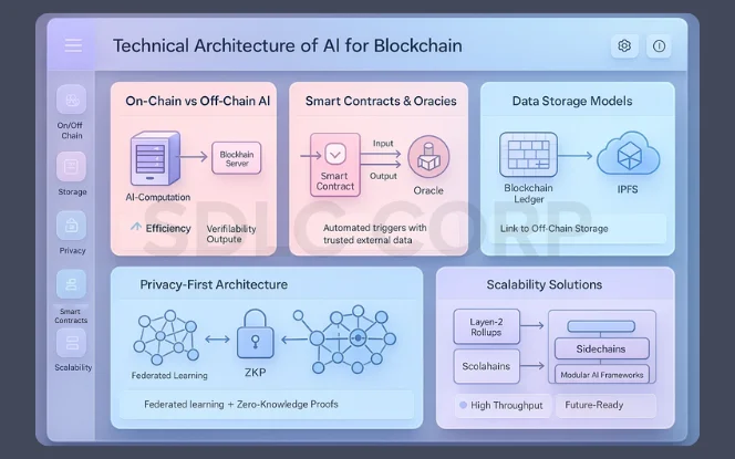 Technical architecture of AI for Blockchain with smart contracts, storage, privacy, and scalability solutions. .