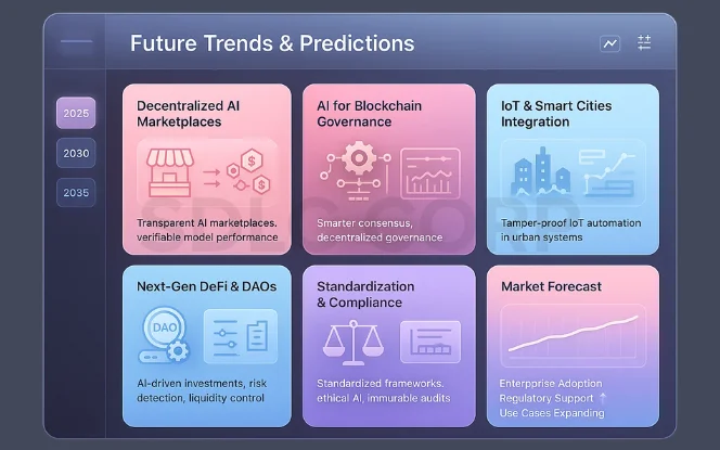 Future trends in AI and Blockchain: decentralized AI, governance, IoT integration, DeFi, compliance, forecasts..