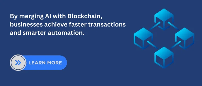 Graphic of connected blockchain nodes visualizing how AI for blockchain enhances scalability, transparency, and data-driven decision-making across decentralized networks.