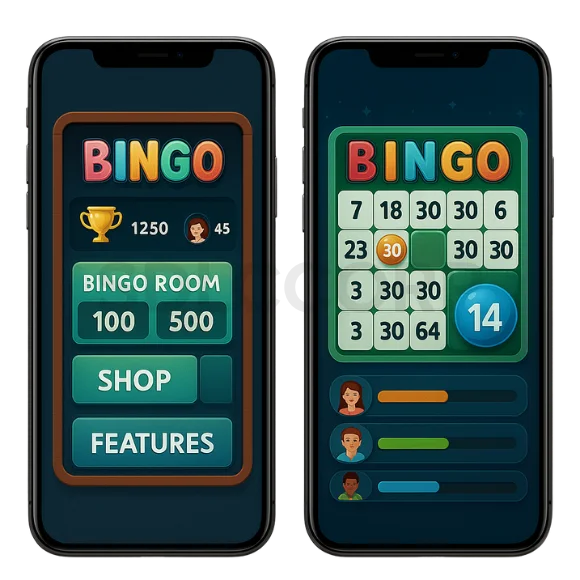Realistic mobile bingo game UI with lobby and active bingo card on two smartphone screens