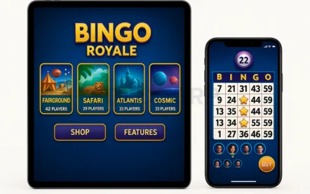 Realistic Bingo Royale game UI mockup on tablet and smartphone, showing themed bingo rooms on tablet screen and active bingo card gameplay with player avatars on mobile screen.