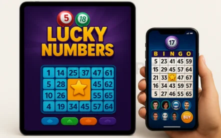 Mobile and tablet screens displaying online bingo and lucky numbers game apps, showing colorful number grids, star icons, and interactive buttons for digital lottery and casino gameplay.