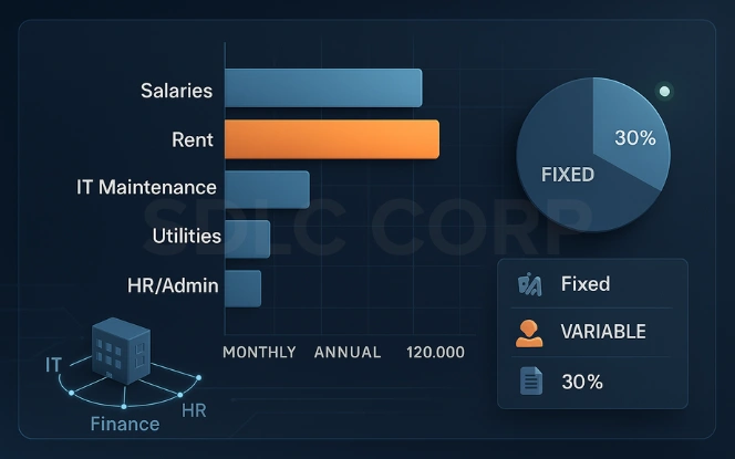 GCC Operating Expenses Dashboard Corporate dashboard visualizing GCC operating expenses by Salaries, Rent, IT Maintenance, Utilities, and HR/Admin, with a pie chart comparing Fixed and Variable costs.