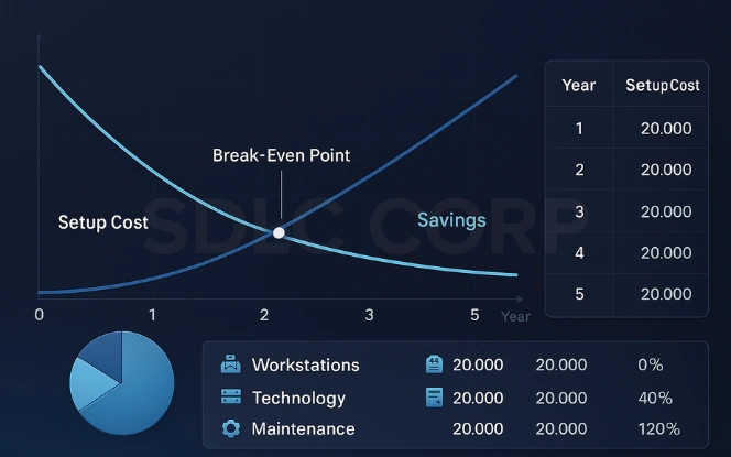 GCC ROI Timeline and Break-even Financial infographic showing GCC ROI timeline with Setup Cost decreasing and Savings increasing over five years, highlighting break-even point and ROI metrics.
