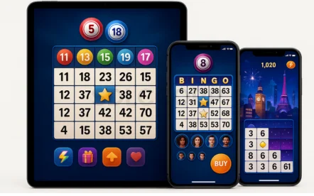 Bingo Blitz World game UI mockup on tablet and two smartphones, featuring city-themed bingo rooms, active bingo cards with power-ups, and multiplayer avatars in a realistic display.