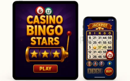 Casino Bingo Stars game UI mockup on tablet and smartphone, showing slot machine inspired bingo design, jackpot rounds, and multiplayer gameplay.