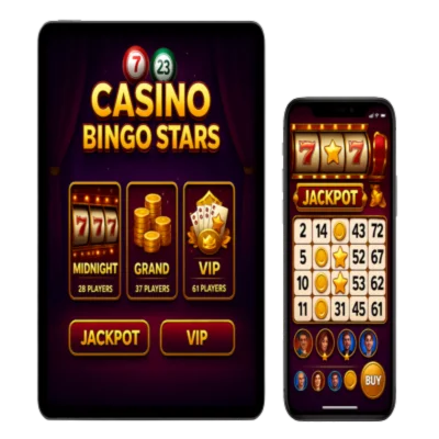 Casino Bingo Stars game UI on tablet and smartphone, showing casino-themed bingo lobby with jackpot and VIP rooms on tablet, and active bingo gameplay with slot machine jackpot reel on mobile.