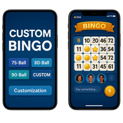 Custom Bingo game UI on two mobile screens showing menu and gameplay