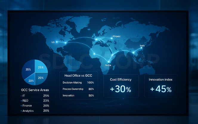 Global Capability Centre visualization showing world map connections between India, Singapore, USA, Poland, and UK, with GCC service metrics and KPIs for cost efficiency and innovation.