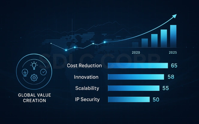 Digital dashboard showing key GCC benefits with bar charts for cost reduction, innovation, scalability, and IP security, plus circular infographic for global value creation.