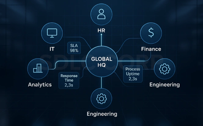 Flow diagram of GCC operations model showing central Global HQ connected to IT, HR, Finance, Engineering, and Analytics with metrics like SLA 98%, Response Time 2.3s, and Process Uptime 99%.