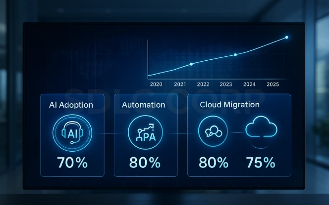 Digital transformation dashboard showing AI adoption 70%, automation 80%, and cloud migration 75% with trendline chart for digital maturity from 2020 to 2025.