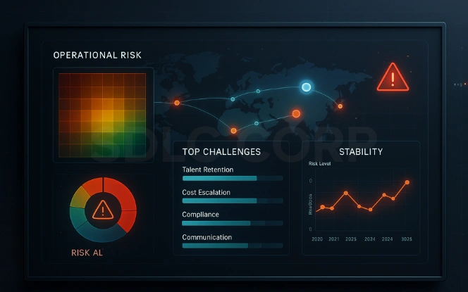 Operational risk dashboard showing heatmap from green to red, top GCC challenges like talent retention and cost escalation, and stability trend chart from 2020 to 2025.