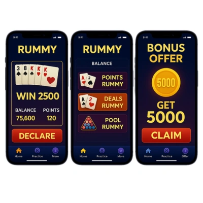 "Mobile screens of a Rummy game app showing gameplay, points rummy, deals rummy, pool rummy options, and a bonus offer claim screen with 5000 coins."