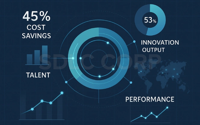 Professional infographic showing key benefits of Global Capability Centers (GCCs) including cost efficiency, innovation, talent, and performance. Data visuals include bar chart, pie chart, world map, and performance line chart in blue tones.