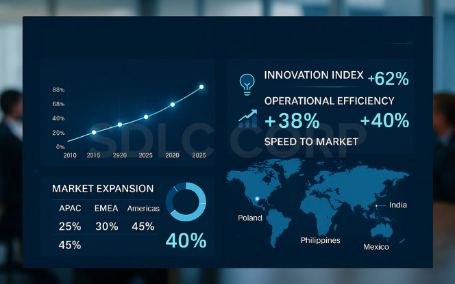 Data-driven corporate dashboard visualizing the strategic impact of Global Capability Centers (GCCs) on enterprise growth. Includes revenue growth trend, market expansion table, KPI metrics, and global GCC hub map.