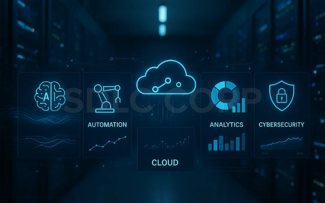 Digital infrastructure dashboard illustrating the technologies empowering Global Capability Centers — AI, automation, cloud, analytics, and cybersecurity — with glowing icons, circuit connections, and data metrics.