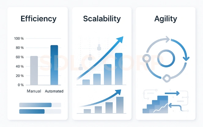 Tri-panel business infographic showing GCC operational benefits — efficiency with bar chart, scalability with growth graph, and agility with circular process diagram. Clean corporate white background and gray-blue color palette.