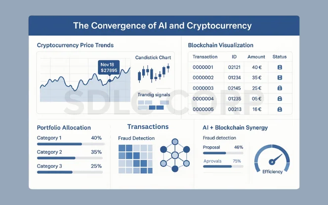   Infographic showing AI and crypto synergy with price trends, blockchain visualization, portfolio allocation, transactions, and fraud detection.