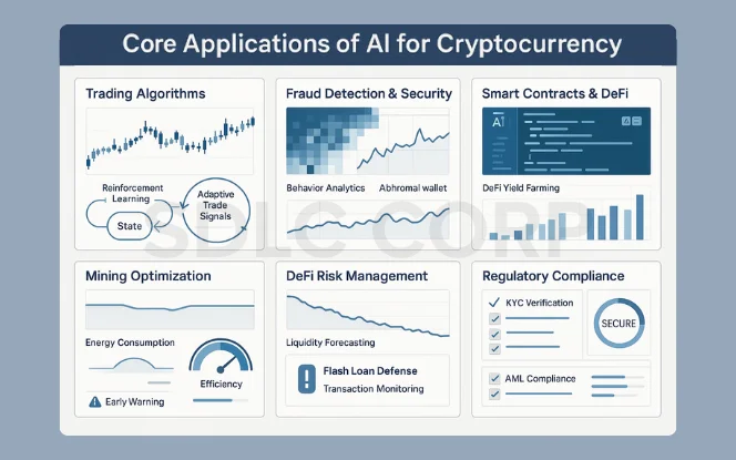 Applications of AI in crypto including trading algorithms, fraud detection, smart contracts, mining optimization, DeFi risk, and compliance.