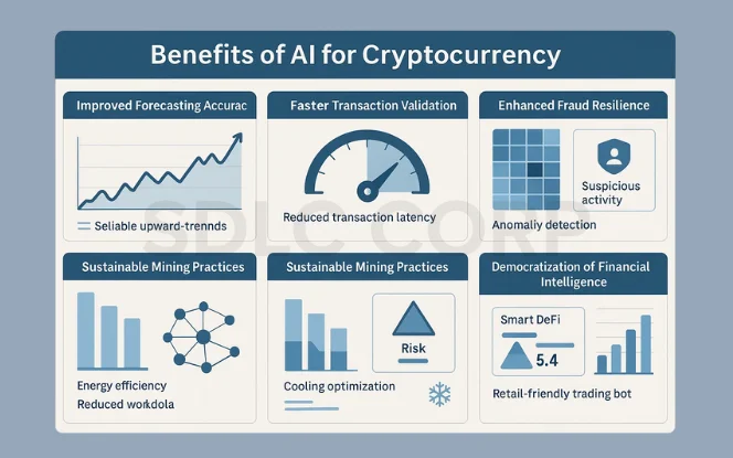 Benefits of AI in crypto such as forecasting accuracy, faster transactions, fraud resilience, sustainable mining, and financial democratization.