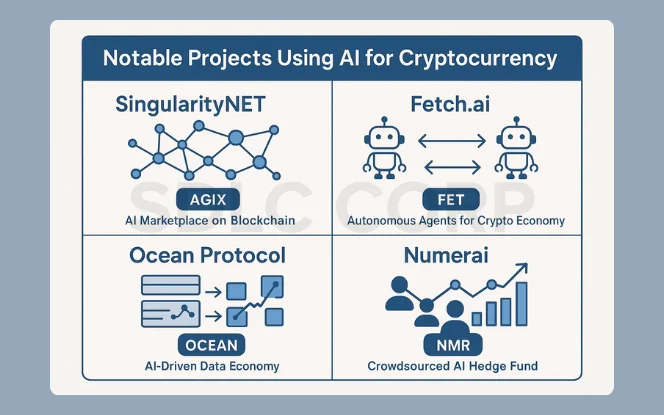  AI crypto projects including SingularityNET, Fetch.ai, Ocean Protocol, and Numerai with use cases in blockchain, data, and finance.
