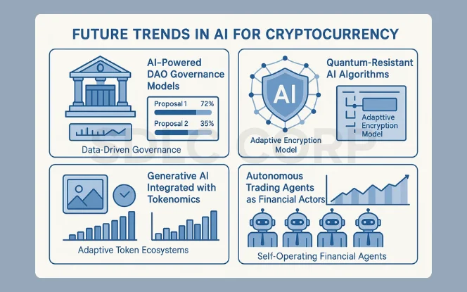 Future crypto AI trends like DAO governance, quantum-resistant algorithms, generative AI with tokenomics, and autonomous trading agents. 