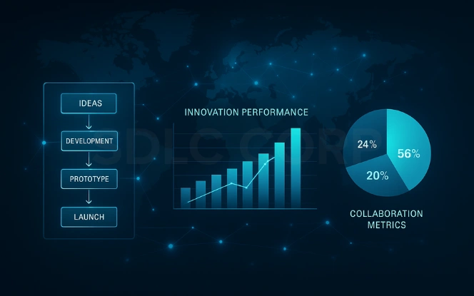 GCC innovation hub dashboard with flowchart, bar chart, and pie chart showing idea flow, innovation performance, and collaboration efficiency on a dark gradient background.