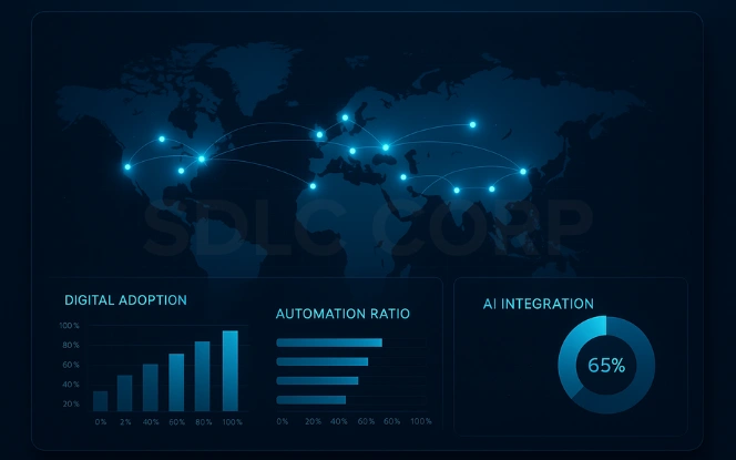 Front-facing GCC digital transformation interface with world map connections, digital adoption bars, automation ratios, and AI integration pie chart on a dark blue background.