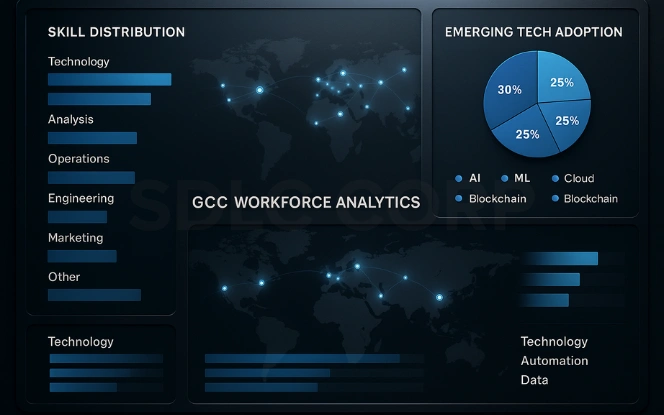 GCC workforce analytics dashboard with skill distribution bars, emerging tech adoption pie (AI, ML, Cloud, Blockchain), and subtle data flow effects on a dark metallic background.