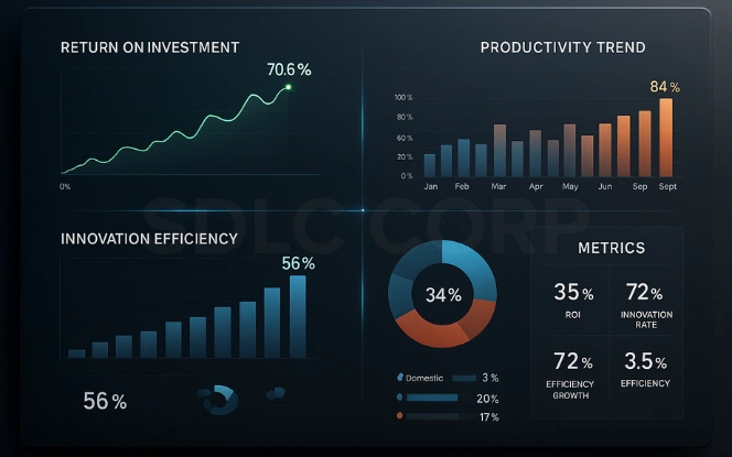 Data-rich analytics board showing ROI line chart, innovation efficiency bars, productivity trend, and metrics panel in green, blue, and orange on a dark background.