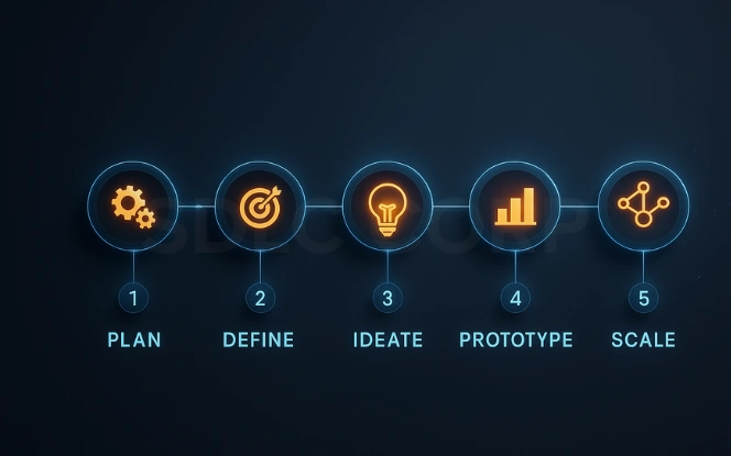 Linear roadmap with five glowing nodes and icons—gears, target, lightbulb, chart, network—connected by digital pathways on a dark gradient background.
